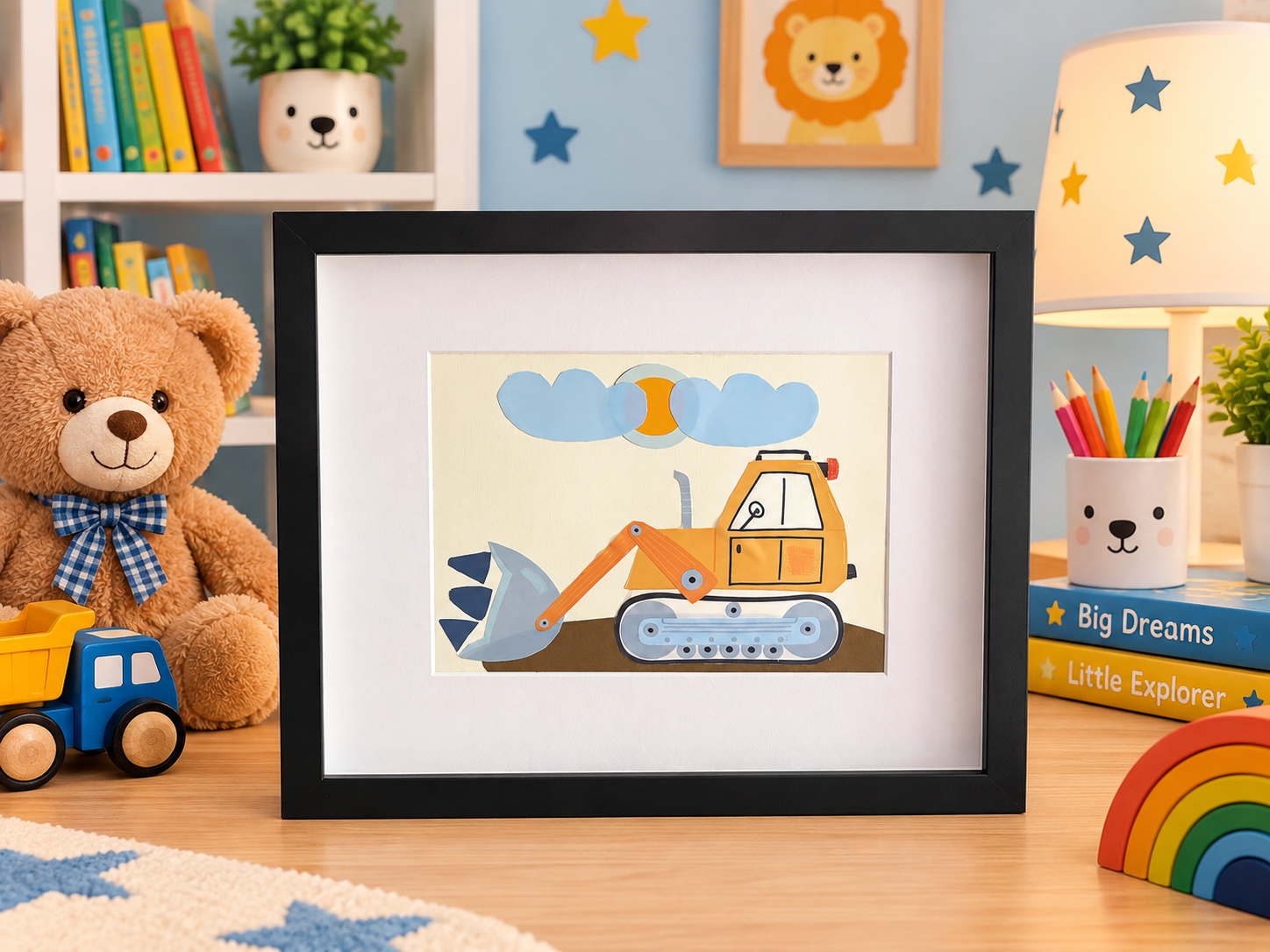 Excavator Wall Art for Kids Room, Construction Truck Nursery Decor, Framed Boys Room Artwork,